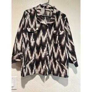 Chicos 100 Linen Ikat Print Shirt Jacket Brown Black Cream Womens Size 3 Large